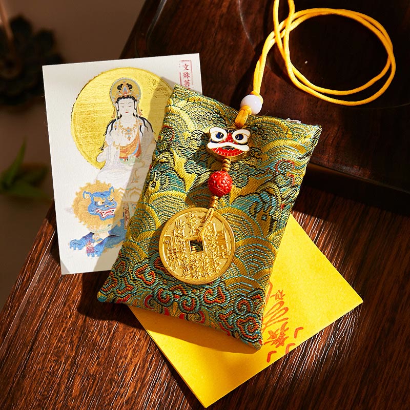 Buddha Stones Chinese Zodiac Natal Buddha Mountain Ghosts Spend Money Copper Coins Sachet Hanging Decoration - Green Fabric - Rabbit-Manjushri Bodhisattva - image 32