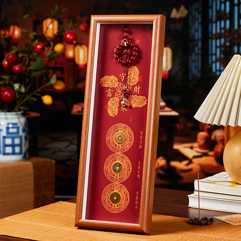 Buddha Stones Copper Coins Cinnabar Attract Fortune Blessing Photo Frame Ornament Home Decor - Style 2 - Medium Density Fiberboard(13*40*4cm) - image 2