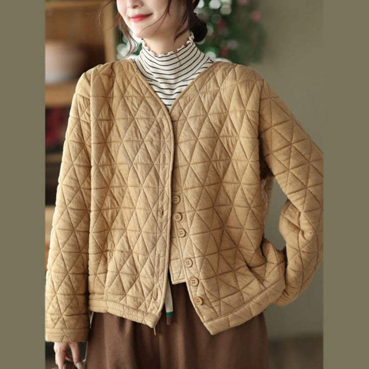 Buddha Stones Winter Cotton Long Sleeve Diamond Pattern Women's Thermal Jacket With Pockets - Goldenrod - US12，UK/AU16，EU44 (2XL) - image 9