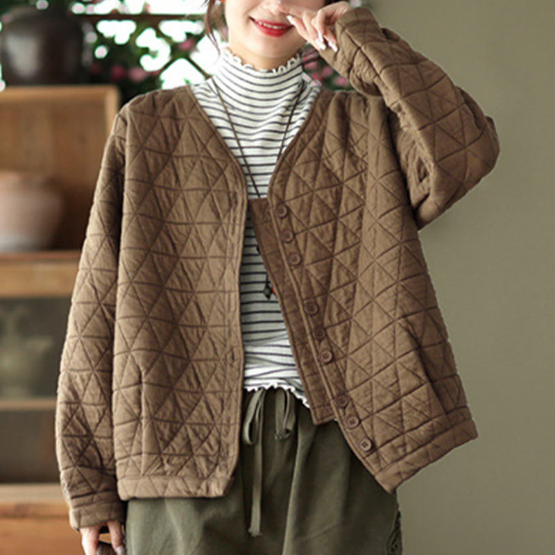 Buddha Stones Winter Cotton Long Sleeve Diamond Pattern Women's Thermal Jacket With Pockets - image 2