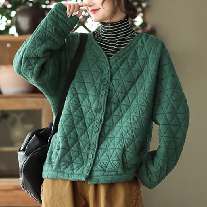 Buddha Stones Winter Cotton Long Sleeve Diamond Pattern Women's Thermal Jacket With Pockets - SeaGreen - US12，UK/AU16，EU44 (2XL) - image 3