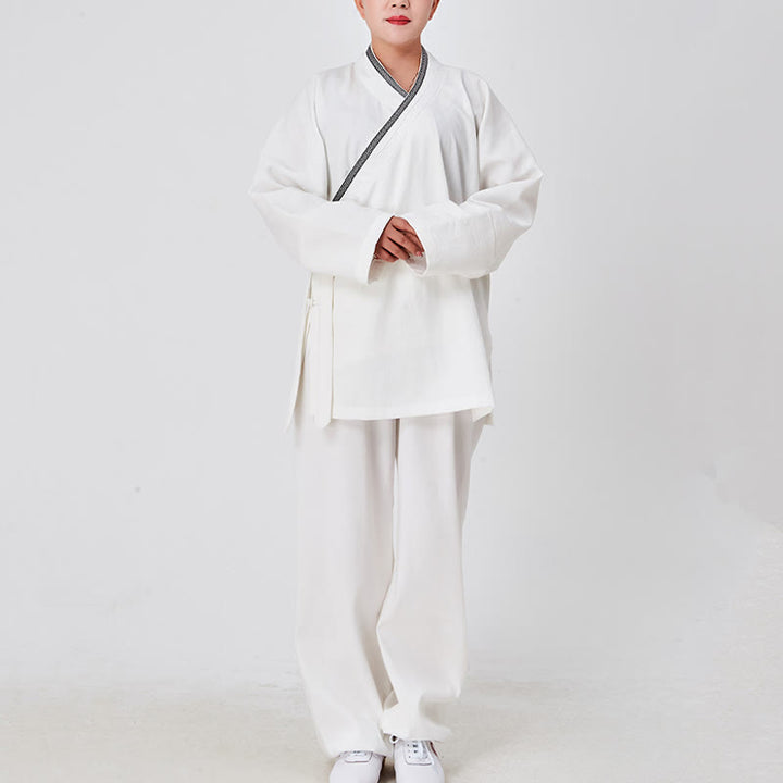 Buddha Stones 2Pcs Wudang Fall Solid Frog-Button Long Sleeve Linen Unisex Taoist Robe Kimono Pants Qigong Ceremony Suit - White - 3XL-FIT FOR US/UK/AU/EU-XL - image 0