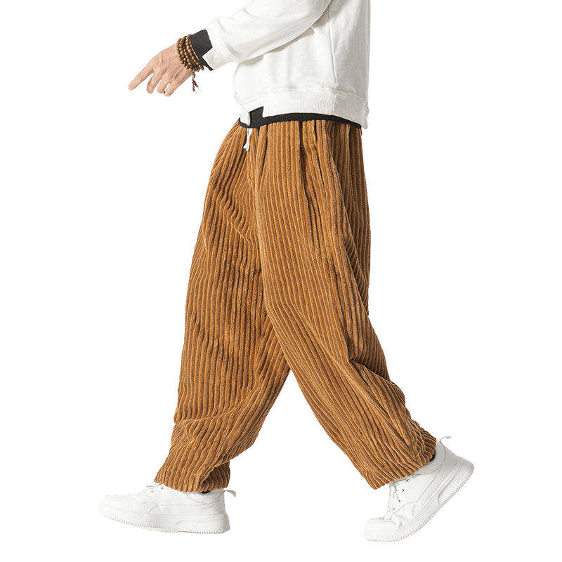 Buddha Stones Retro Winter Solid Color Men's Drawstring Corduroy Harem Pants With Pockets - image 14