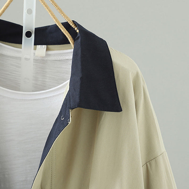 Buddha Stones Fall Lapel Buttons Patchwork Design Women's Cotton Long Sleeve Coat With Pockets - image 5