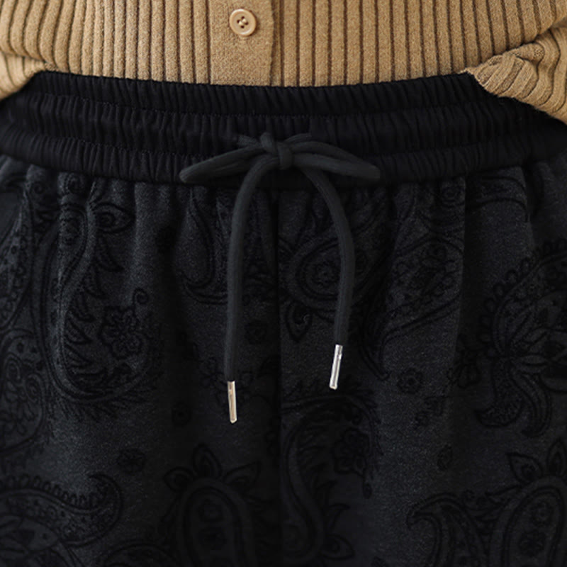 Buddha Stones Jacquard Paisley Pattern Women's Wide Leg Thermal Fleece-Lined Cotton Pants With Pockets - image 11