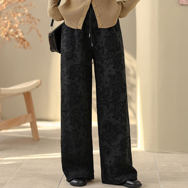 Buddha Stones Jacquard Paisley Pattern Women's Wide Leg Thermal Fleece-Lined Cotton Pants With Pockets - image 9