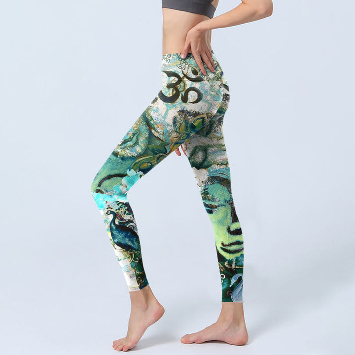 Buddha Stones Om Symbol Human Figure Peacock Lotus Pattern Print Gym Leggings Women's Yoga Pants - image 2