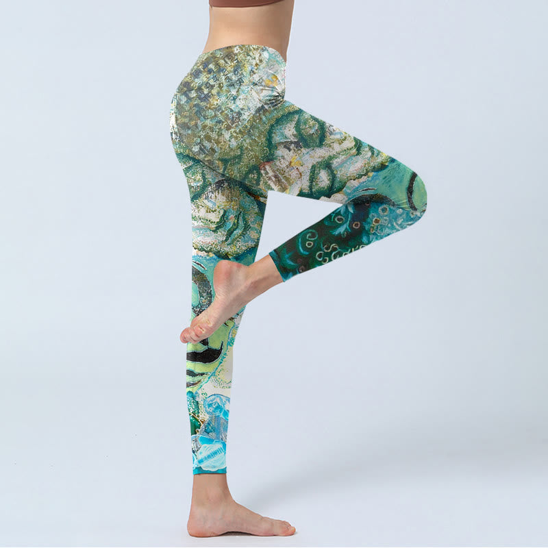 Buddha Stones Om Symbol Human Figure Peacock Lotus Pattern Print Gym Leggings Women's Yoga Pants - image 4