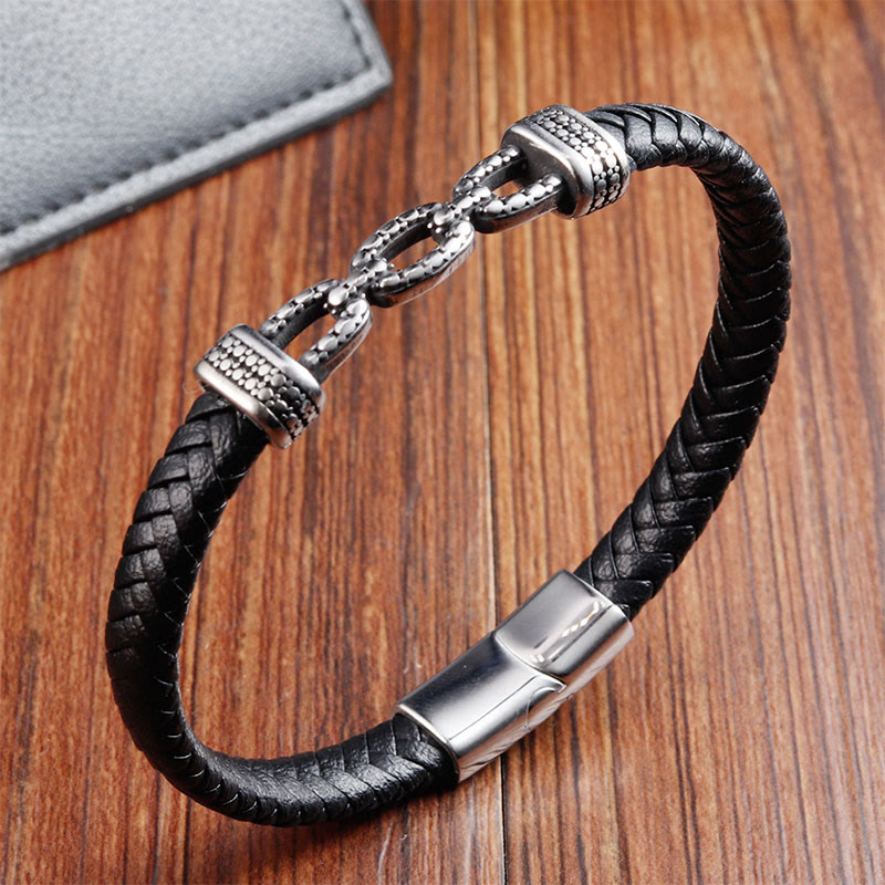 Buddha Stones Handmade Chain Link Design Titanium Steel Leather Strengthen Bracelet - Single Layer(Wrist Circumference: 18-20cm) - image 9