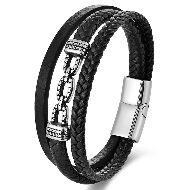 Buddha Stones Handmade Chain Link Design Titanium Steel Leather Strengthen Bracelet - image 6
