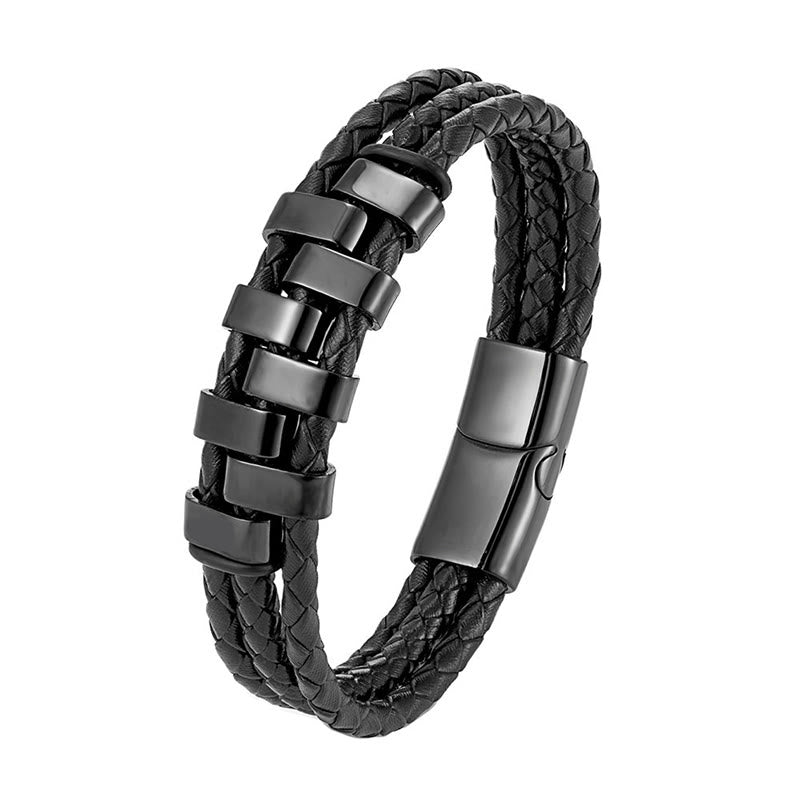 Buddha Stones Geometric Design Titanium Steel Leather Strengthen Bracelet - Black(Wrist Circumference: 18-22cm) - image 1