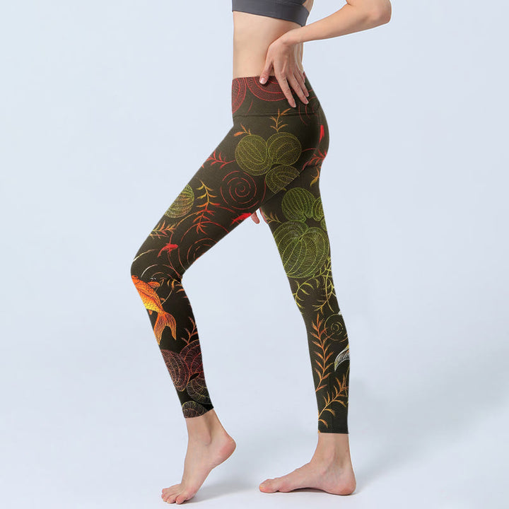Buddha Stones Colorful Koi Fish Water Ripples Plant Pattern Print Gym Leggings Women's Yoga Pants - image 2