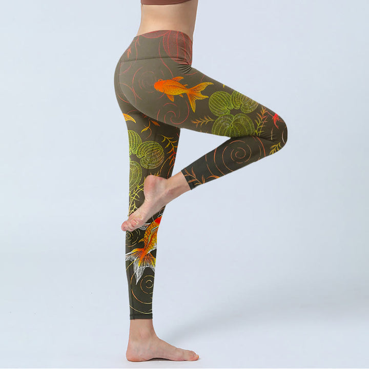 Buddha Stones Colorful Koi Fish Water Ripples Plant Pattern Print Gym Leggings Women's Yoga Pants - image 4