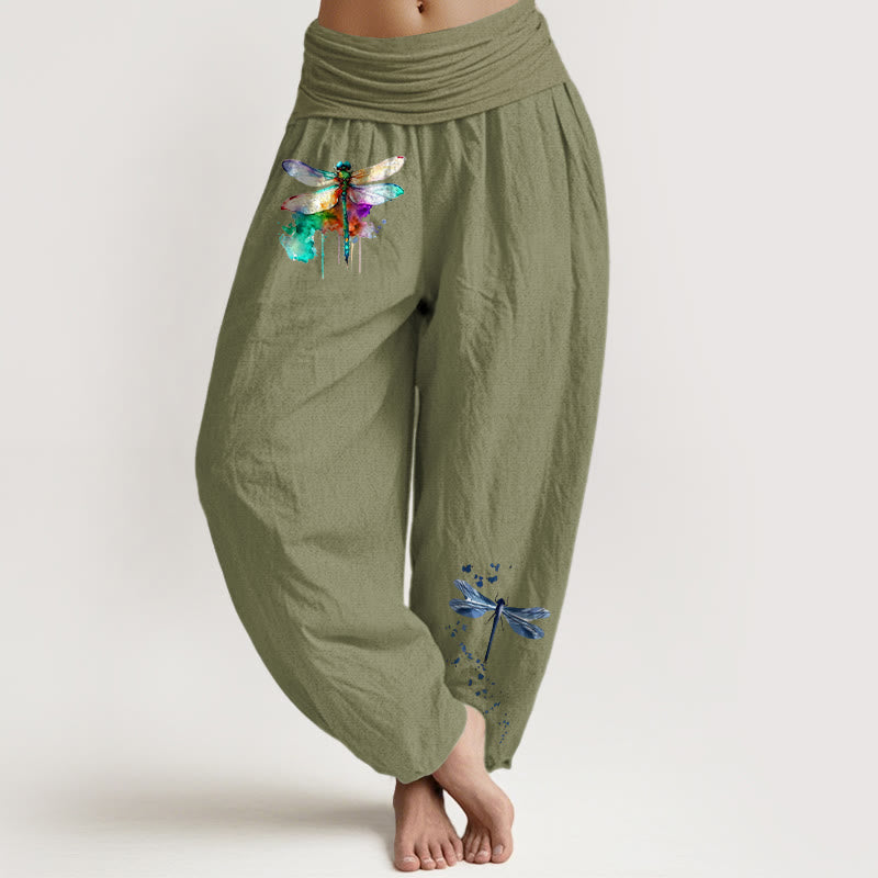 Buddha Stones Pure Cotton Dreamy Dragonfly Pattern Women's Elastic Waist Harem Pants - OliveDrab - US16，UK/AU20，EU48 (3XL) - image 14