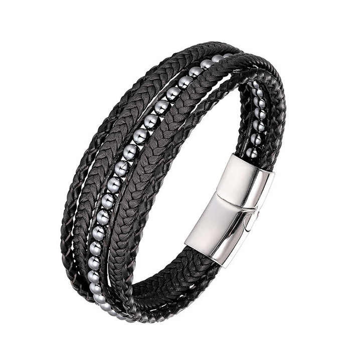 Buddha Stones Hematite Indian Agate Tiger Eye Amazonite Beaded Leather Strengthen Bracelet - Hematite Silver Buckle - 18-22cm - image 10