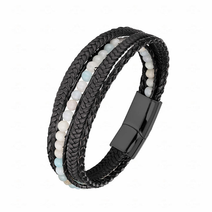 Buddha Stones Hematite Indian Agate Tiger Eye Amazonite Beaded Leather Strengthen Bracelet - Amazonite Black Buckle - 18-22cm - image 25