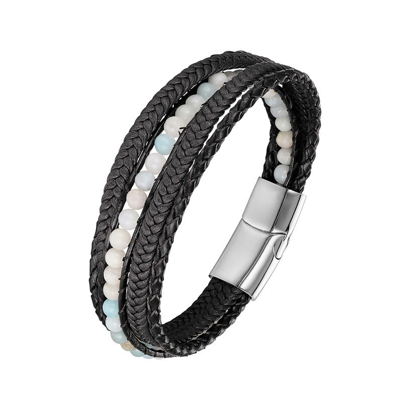 Buddha Stones Hematite Indian Agate Tiger Eye Amazonite Beaded Leather Strengthen Bracelet - Amazonite Silver Buckle - 18-22cm - image 8