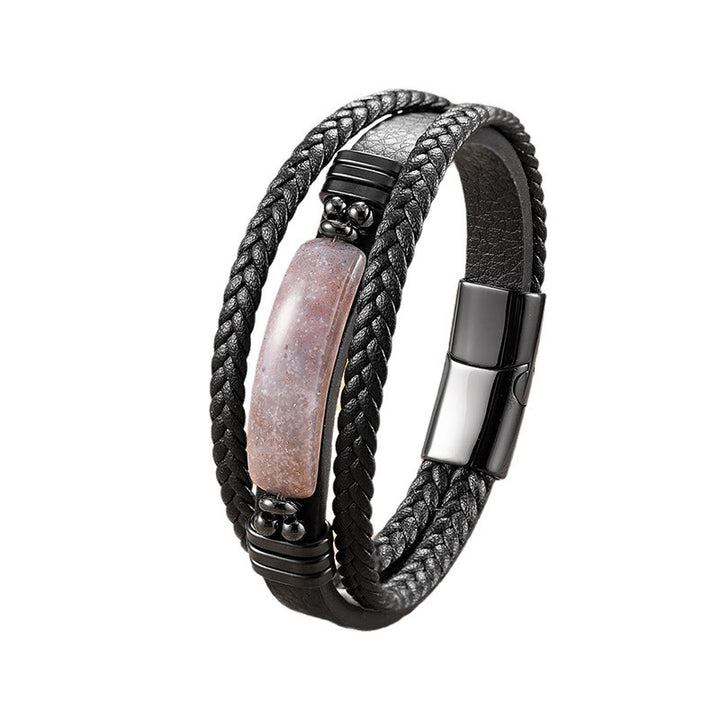 Buddha Stones Hematite Lazurite Black Glitter Stone Pink Crystal Titanium Steel Leather Strengthen Bracelet - image 25