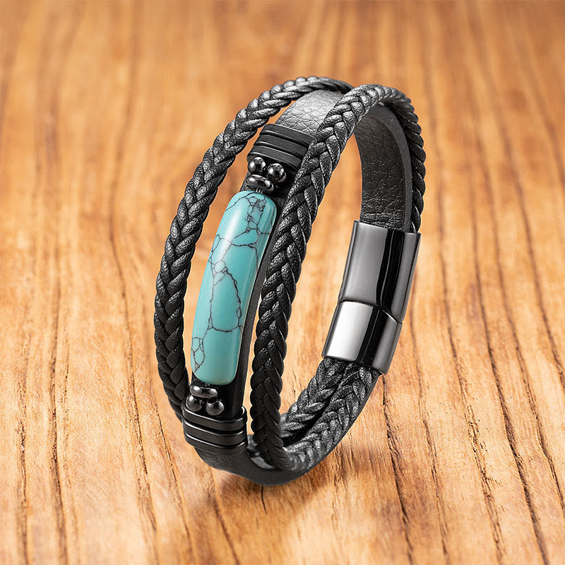 Buddha Stones Hematite Lazurite Lapis Lazuli Black Glitter Stone Pink Crystal Titanium Steel Leather Strengthen Bracelet - Turquoise - 18-22cm - image 10