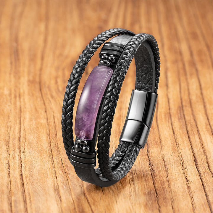 Buddha Stones Hematite Lazurite Black Glitter Stone Pink Crystal Titanium Steel Leather Strengthen Bracelet - Amethyst - 18-22cm - image 12