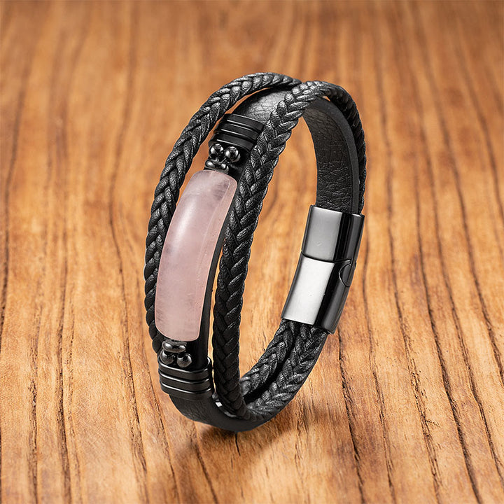 Buddha Stones Hematite Lazurite Black Glitter Stone Pink Crystal Titanium Steel Leather Strengthen Bracelet - Pink Crystal - 18-22cm - image 7