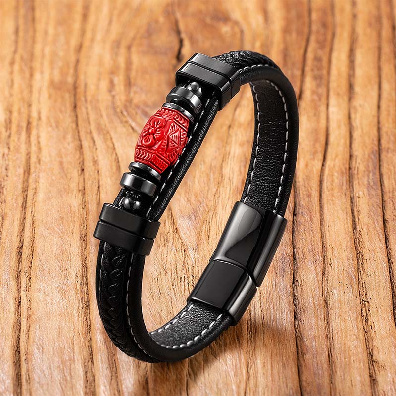 Buddha Stones Cinnabar Buddha Symbol Koi Fish Dragon Fu Character Pi Xiu Design Leather Blessing Bracelet - Carved Flower - 18-22cm - image 12