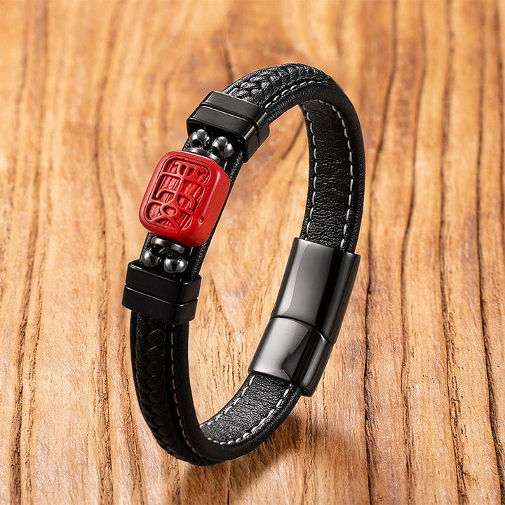 Buddha Stones Cinnabar Buddha Symbol Koi Fish Dragon Fu Character Pi Xiu Design Leather Blessing Bracelet - Safe Character - 18-22cm - image 9