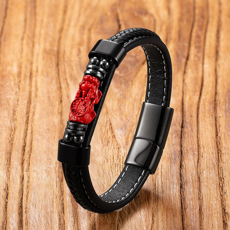 Buddha Stones Cinnabar Buddha Symbol Koi Fish Dragon Fu Character Pi Xiu Design Leather Blessing Bracelet - Pixiu&Attract wealth Character - 18-22cm - image 15