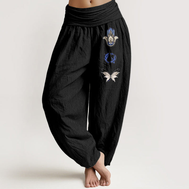 Buddha Stones Pure Cotton Hamsa's Hand Koi Fish Butterfly Pattern Women's Elastic Waist Harem Pants - Black - US16，UK/AU20，EU48 (3XL) - image 5