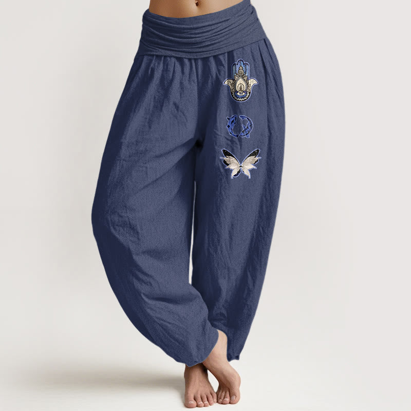 Buddha Stones Pure Cotton Hamsa's Hand Koi Fish Butterfly Pattern Women's Elastic Waist Harem Pants - DarkSlateBlue - US16，UK/AU20，EU48 (3XL) - image 8