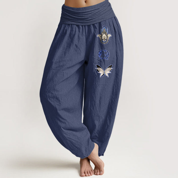 Buddha Stones Pure Cotton Hamsa's Hand Koi Fish Butterfly Pattern Women's Elastic Waist Harem Pants - DarkSlateBlue - US16，UK/AU20，EU48 (3XL) - image 8