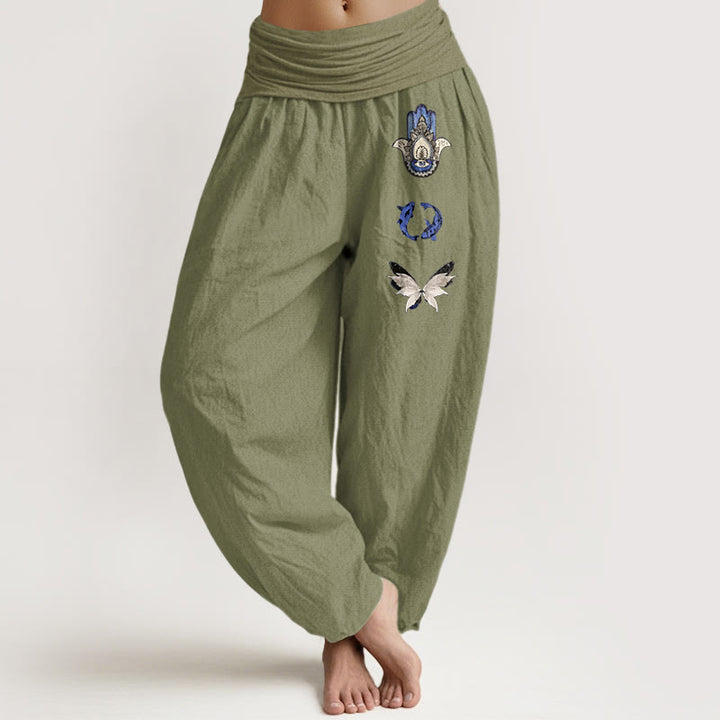 Buddha Stones Pure Cotton Hamsa's Hand Koi Fish Butterfly Pattern Women's Elastic Waist Harem Pants - OliveDrab - US16，UK/AU20，EU48 (3XL) - image 14