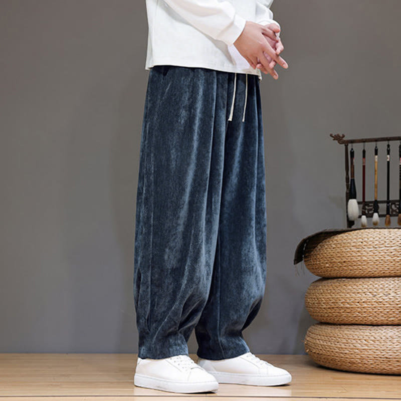 Buddha Stones Winter Pure Color Cotton Men's Harem Thickened Fleece-lined Pants With Pockets - image 5