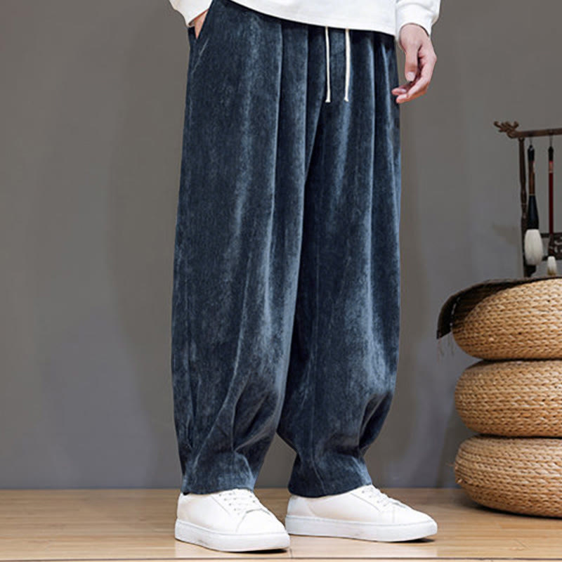 Buddha Stones Winter Pure Color Cotton Men's Harem Thickened Fleece-lined Pants With Pockets - image 1