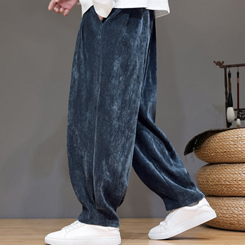 Buddha Stones Winter Pure Color Cotton Men's Harem Thickened Fleece-lined Pants With Pockets - image 2