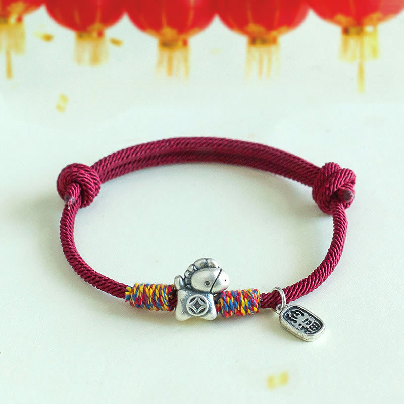 Buddha Stones 999 Sterling Silver Year Of The Horse Fu Character Attract Fortune String Rope Luck Bracelet - Darkred Rope(Wrist Circumference: 14-19cm) - image 1