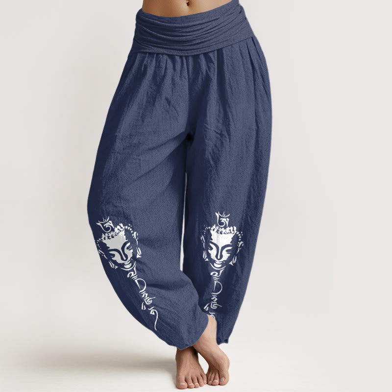Buddha Stones Pure Cotton Concise Om Symbol Buddha Pattern Women's Elastic Waist Harem Pants - DarkSlateBlue - US16，UK/AU20，EU48 (3XL) - image 0