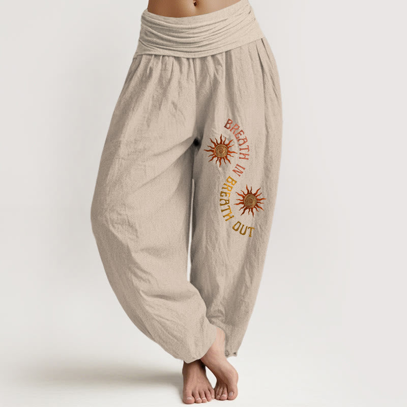 Buddha Stones Pure Cotton Warm Tones Sun English Phrases Pattern Women's Elastic Waist Harem Pants - Tan - US16，UK/AU20，EU48 (3XL) - image 11