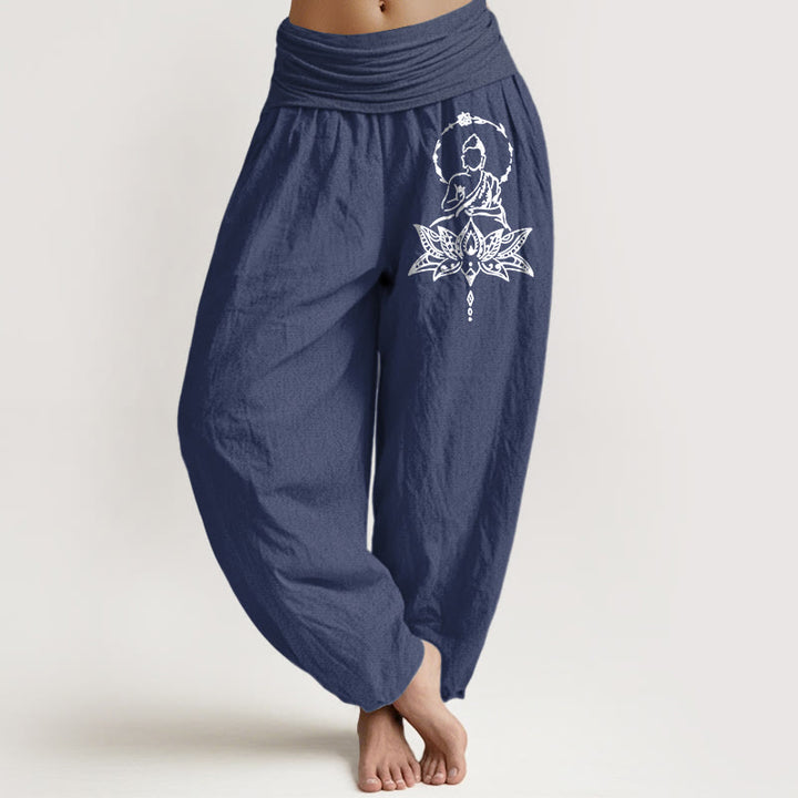 Buddha Stones Pure Cotton Concise Lotus Buddha Pattern Women's Elastic Waist Harem Pants - DarkSlateBlue - US16，UK/AU20，EU48 (3XL) - image 0