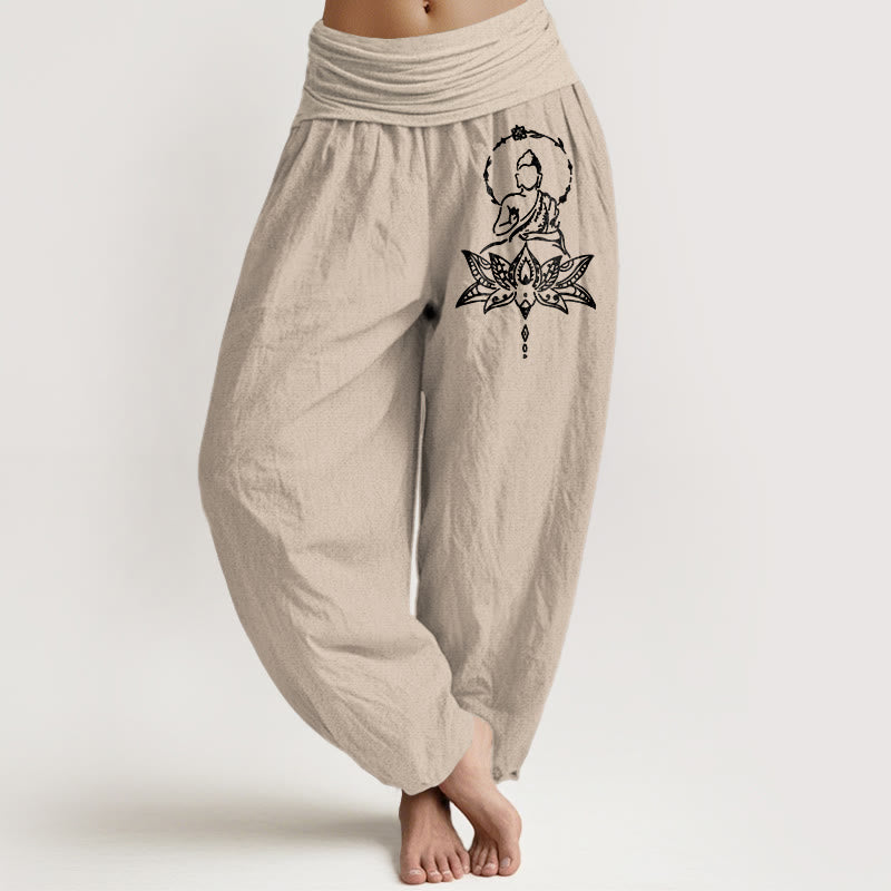 Buddha Stones Pure Cotton Concise Lotus Buddha Pattern Women's Elastic Waist Harem Pants - Tan - US16，UK/AU20，EU48 (3XL) - image 11