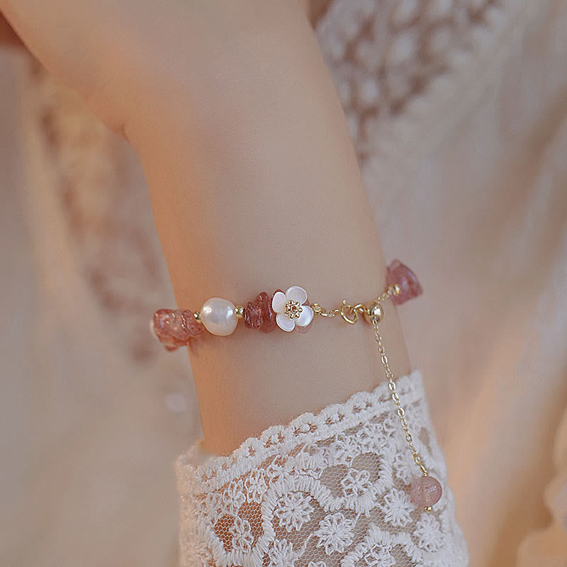 Buddha Stones White Flower Pearl Natural Irregular Strawberry Quartz Healing Chain Bracelet - image 1