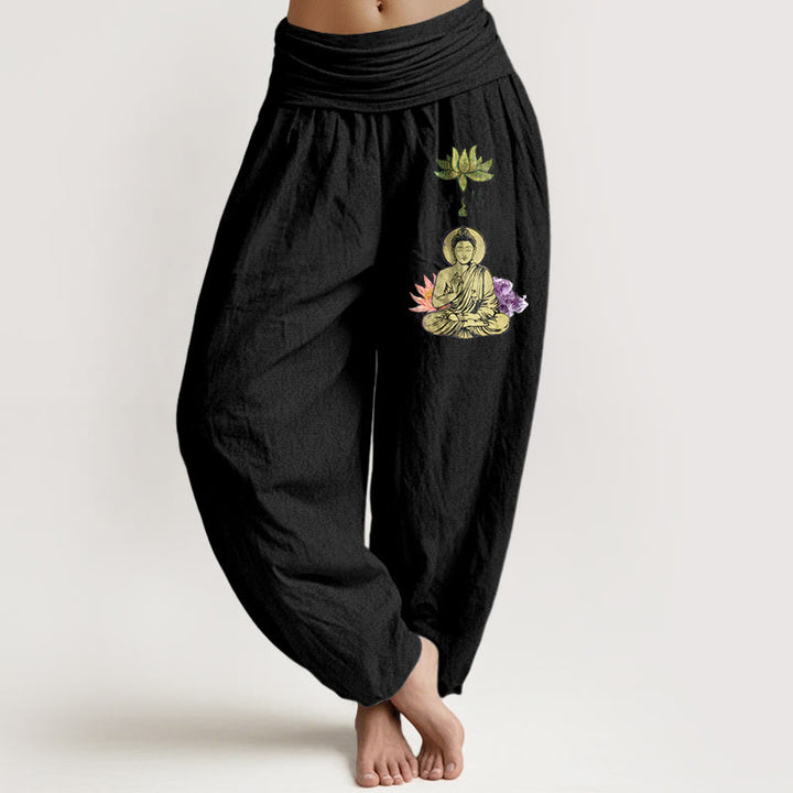 Buddha Stones Pure Cotton Traditional Lotus Buddha Pattern Women's Elastic Waist Harem Pants - Black - US16，UK/AU20，EU48 (3XL) - image 0