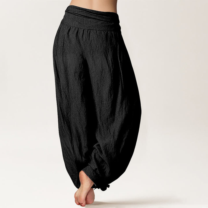 Buddha Stones Pure Cotton Traditional Lotus Buddha Pattern Women's Elastic Waist Harem Pants - image 1