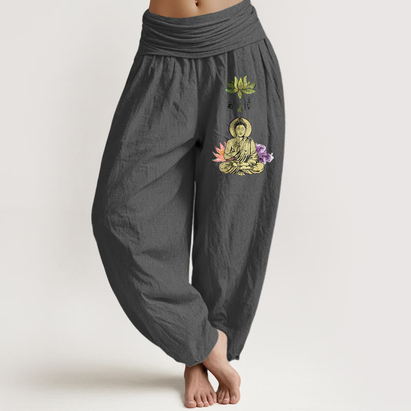 Buddha Stones Pure Cotton Traditional Lotus Buddha Pattern Women's Elastic Waist Harem Pants - DimGray - US16，UK/AU20，EU48 (3XL) - image 8