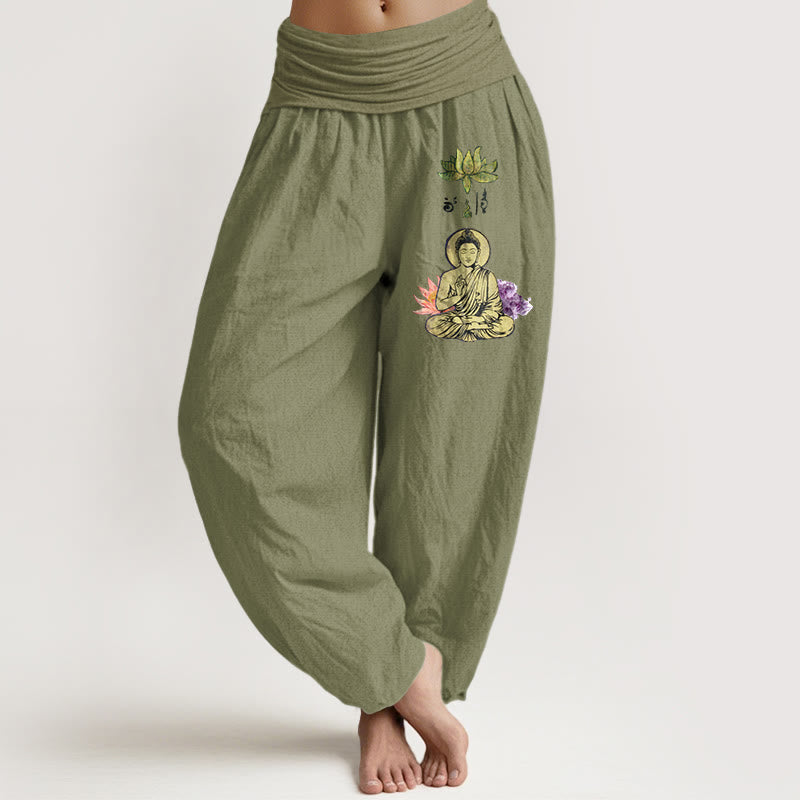 Buddha Stones Pure Cotton Traditional Lotus Buddha Pattern Women's Elastic Waist Harem Pants - OliveDrab - US16，UK/AU20，EU48 (3XL) - image 14