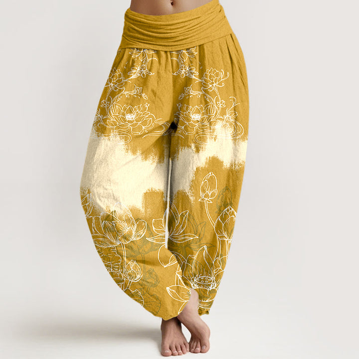 Buddha Stones Cotton Colorful Lotus Pattern Women's Elastic Waist Harem Pants - Gold - US16，UK/AU20，EU48 (3XL) - image 5