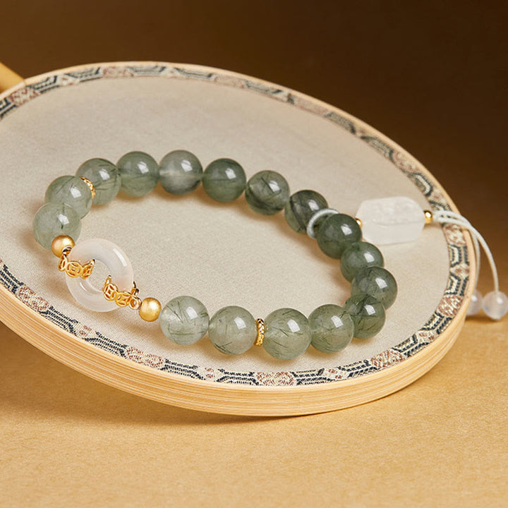 Buddha Stones 925 Sterling Silver Green Rutilated Quartz White Chalcedony Peace Buckle Courage Bracelet - image 2
