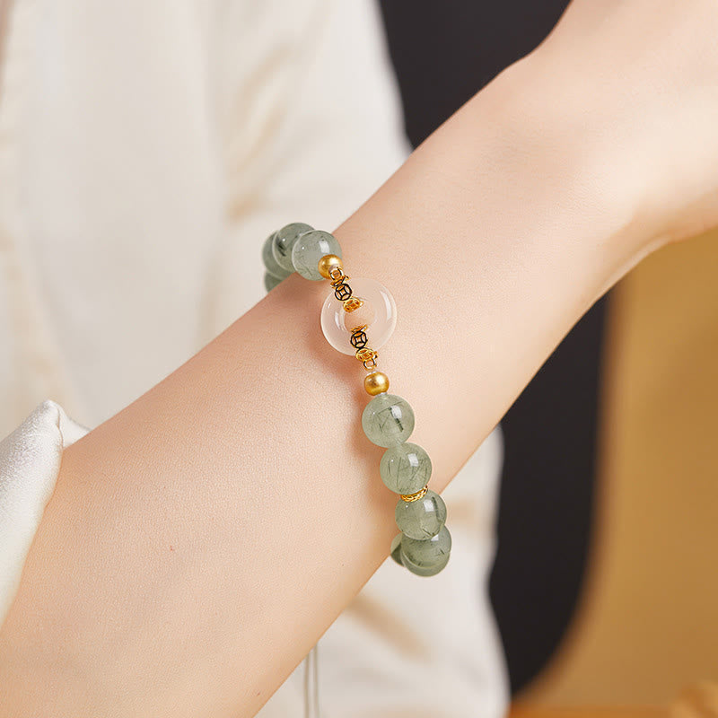 Buddha Stones 925 Sterling Silver Green Rutilated Quartz White Chalcedony Peace Buckle Courage Bracelet - image 11