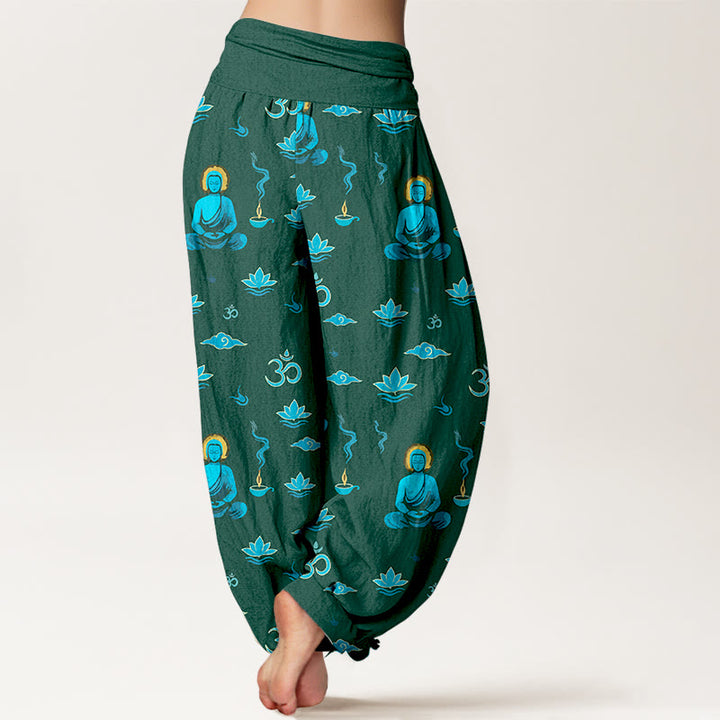 Buddha Stones Cotton Om Symbol Lotus Cloud Buddha Pattern Women's Elastic Waist Harem Pants - image 6