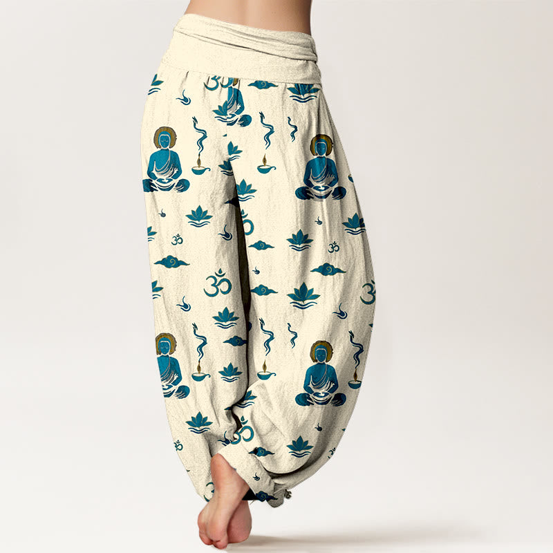 Buddha Stones Cotton Om Symbol Lotus Cloud Buddha Pattern Women's Elastic Waist Harem Pants - image 9